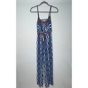 Flying Tomato Blue Aztec Print Jumpsuit Romper Size Small Cutout Waist Tie Back